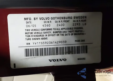 2006 Volvo S80 2.5T из США, поврежденный, VIN YV1TS592361429039